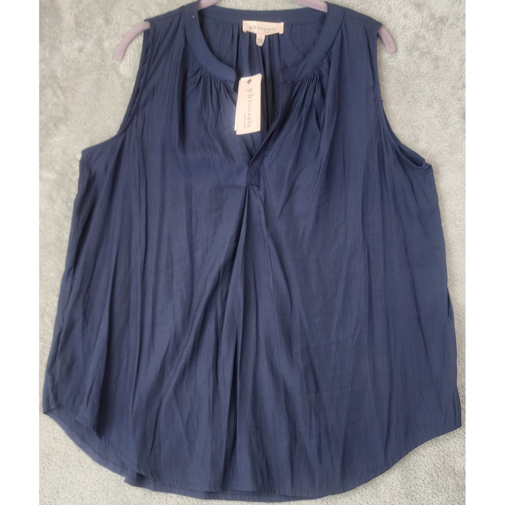 Philosophy Shirt Womens Large Navy Blue Sleeveless Split Neck Pleated Top Blouse